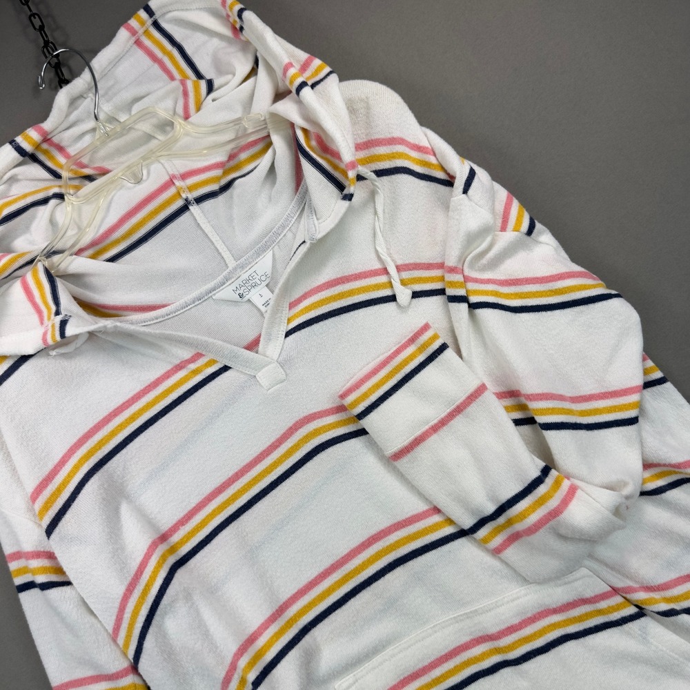 Market & Spruce Hoodie Womens L White Striped Excellent V-Neck Knit Pullover